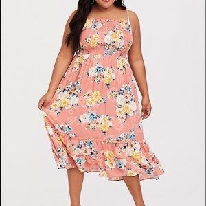 ORANGE PEACH FLORAL CHALLIS SMOCKED MIDI DRESS